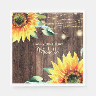 Sunflowers String Lights Rustic Happy Birthday Napkin