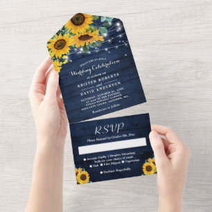 Sunflowers String Lights Rustic Navy Blue Wedding All In One Invitation