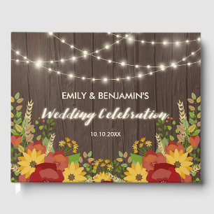 Sunflowers & String Lights Rustic Wedding Guest Book