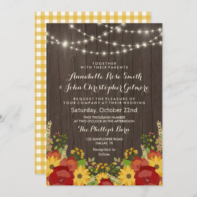 Sunflowers & String Lights Rustic Wedding Invitation (Front/Back)