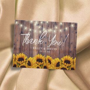 Sunflowers String Lights Rustic Wedding Thank You Postcard