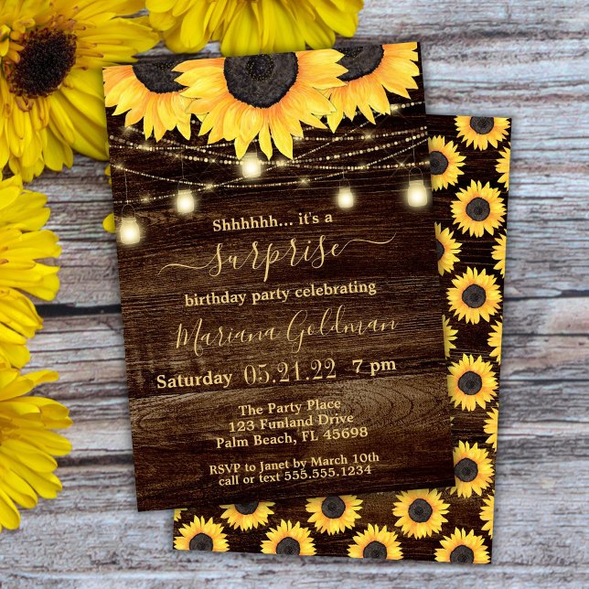 Sunflowers String Lights Surprise Birthday Party Invitation (Creator Uploaded)