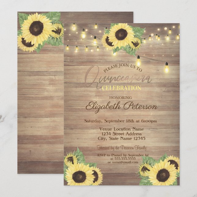 Sunflowers,String Lights,Wood Texture Quinceañera Invitation (Front/Back)