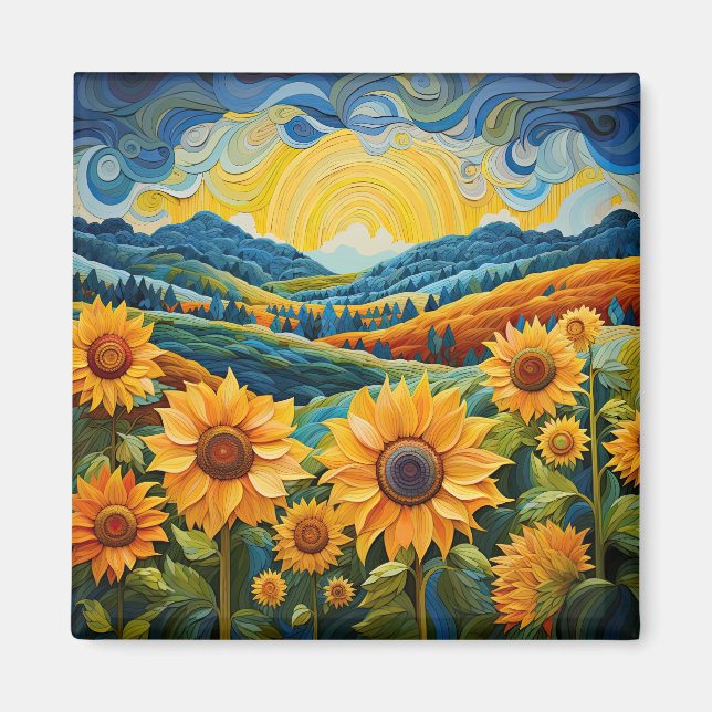 Sunflowers Sunrise Abstract Nature Illustration Magnet (Front)