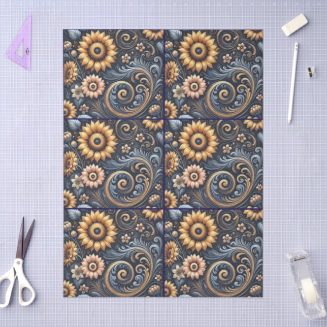 Sunflowers & Swirls Navy Blue Gold Decoupage  Tissue Paper (Craft)
