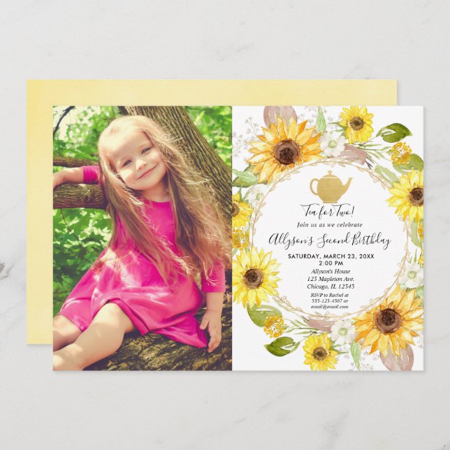 Sunflowers tea party tea for two birthday photo invitation (Front/Back)
