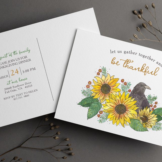 Sunflowers Thanksgiving Dinner Party Invitation Postcard (Postcard Invitation for Thanksgiving Dinner Featuring Watercolor Crow in Sunflowers Design)