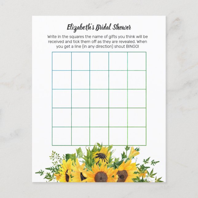 Sunflowers Theme Wedding Bridal Shower Game Bingo (Front)