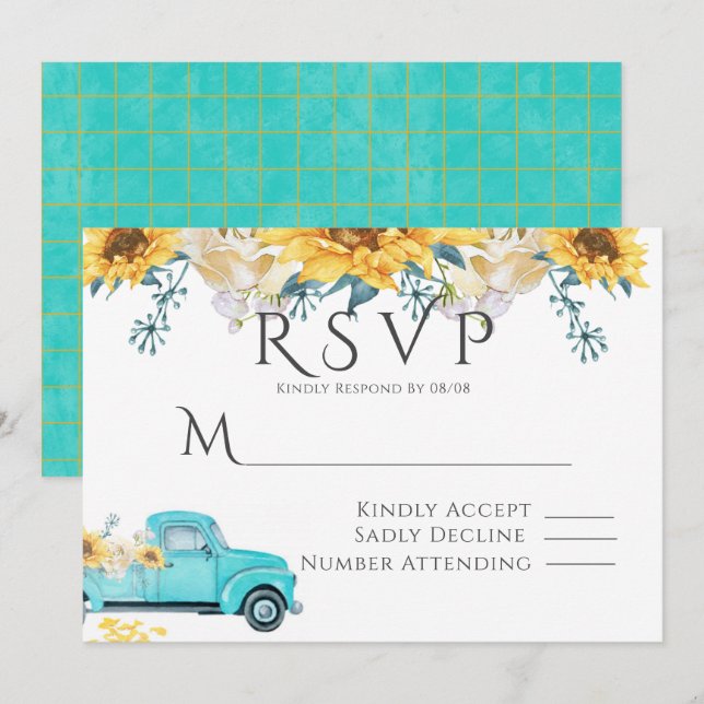 Sunflowers Turquoise Vintage Truck Wedding RSVP Invitation (Front/Back)