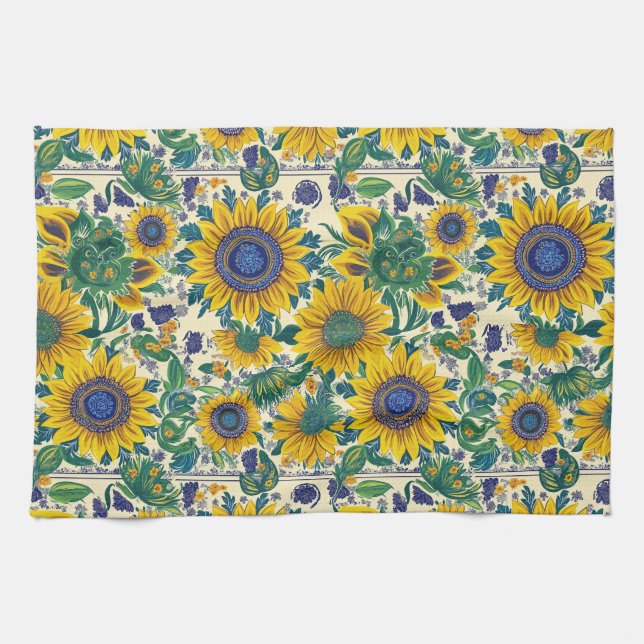 Sunflowers. Ukrainian folk art pattern. Tea Towel (Horizontal)