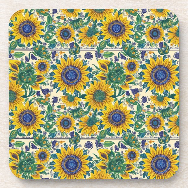 Sunflowers. Ukrainian Petrikivka folk art pattern. Coaster (Front)