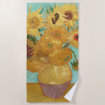 Sunflowers Vincent van Gogh      Beach Towel<br><div class="desc">Sunflowers (1889)  Vincent van Gogh. Still life on a blue background. A bright bouquet of sunflower flowers stand in a vase. Reproduction of famous works of art  images in the public domain.</div>
