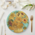 Sunflowers Vincent van Gogh      Paper Plate<br><div class="desc">Sunflowers (1889)  Vincent van Gogh. Still life on a blue background. A bright bouquet of sunflower flowers stand in a vase. Reproduction of famous works of art  images in the public domain.</div>