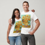 Sunflowers Vincent van Gogh    T-Shirt<br><div class="desc">Sunflowers (1889)  Vincent van Gogh.  Still life on a blue background. A bright bouquet of sunflower flowers stand in a vase. Reproduction of famous works of art  images in the public domain.</div>