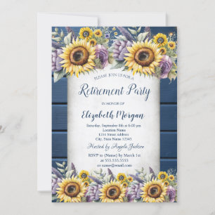 Sunflowers,Violet Flowers Wood Retirement  Invitation