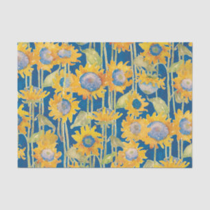 Sunflowers Watercolor Floral on  Blue Decoupage Tissue Paper