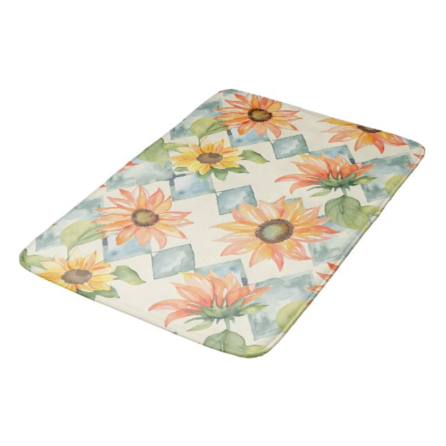 Sunflowers Watercolor floral pattern Bath Mat (Angled)
