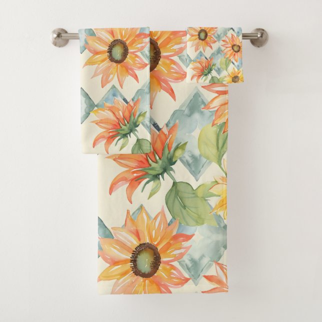 Sunflowers Watercolor floral pattern Bath Towel Set (Insitu)