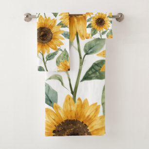 Sunflowers Watercolor Floral Yellow Painting Bath Towel Set