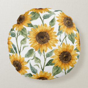 Sunflowers Watercolor Floral Yellow Painting Round Cushion
