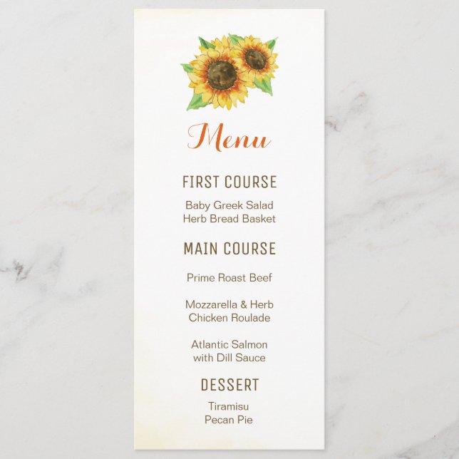 Sunflowers Watercolor Flower Menus (Front)