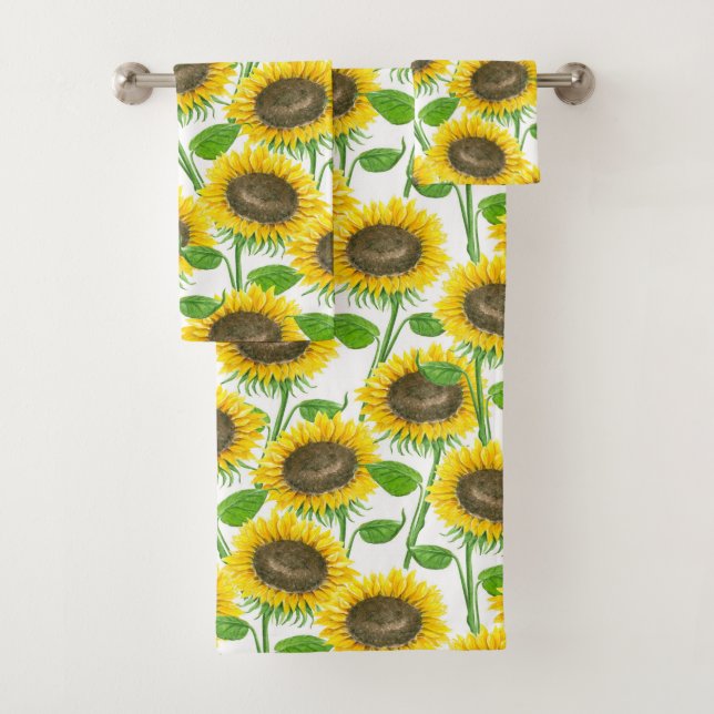 Sunflowers watercolor pattern bath towel set (Insitu)