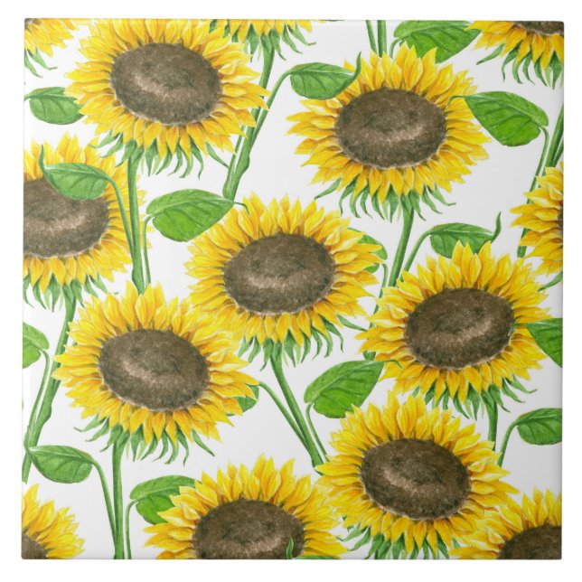 Sunflowers watercolor pattern ceramic tile (Front)