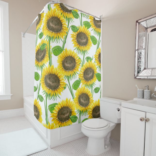 Sunflowers watercolor pattern shower curtain (In Situ)