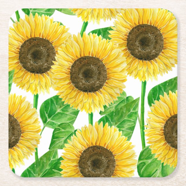 Sunflowers watercolor square paper coaster (Front)