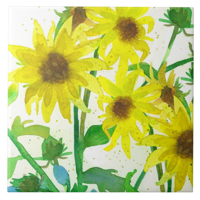 Sunflowers Watercolor Yellow Wildflowers Botanical Ceramic Tile (Front)