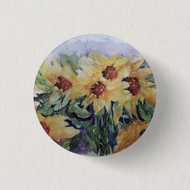 Sunflowers watercolour 3 cm round badge (Front)