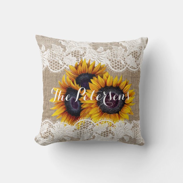 Sunflowers wedding burlap lace newlyweds cushion (Front)