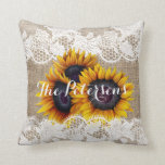 Sunflowers wedding burlap lace newlyweds cushion<br><div class="desc">Rustic elegant stylish wedding couple personalised gift idea made of a throw pillow on beige faux burlap featuring beautiful yellow gold sunflowers bouquets and white lace borders on both faces. Easy to personalise with the new family name on the front and with bride's and groom's names and wedding date on...</div>