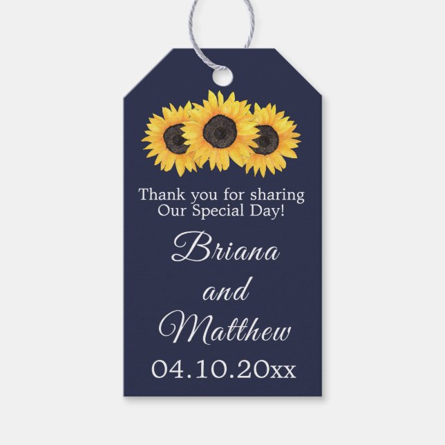 Sunflowers Wedding Favours Gift Tag Country Blue (Front)
