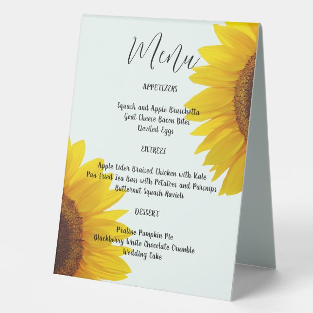 Sunflowers Wedding Menu Table Tent Sign (Front)