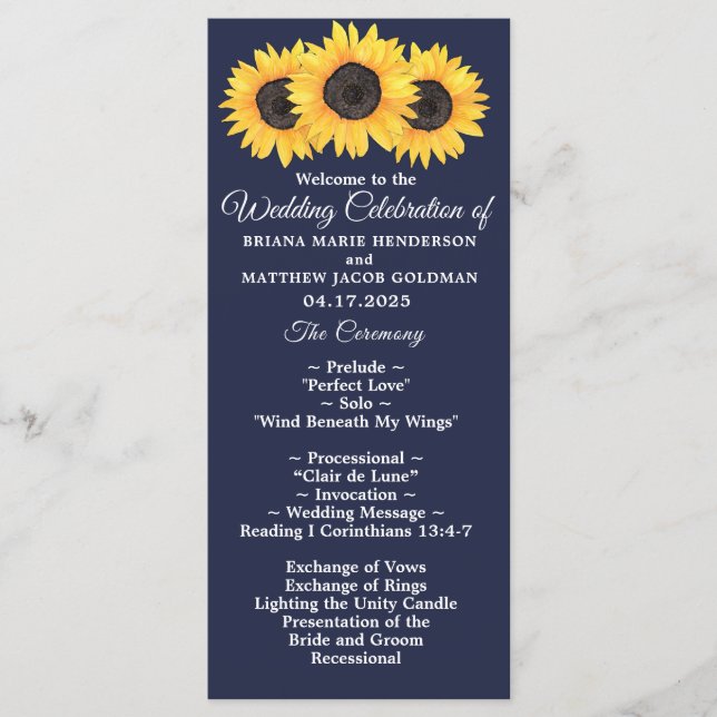 Sunflowers Wedding Program Country Floral on Blue (Front)