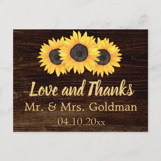 Sunflowers Wedding Thank You Postcard Rustic Wood (Front)