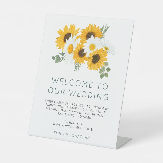 Sunflowers Wedding Welcome COVID Safety  Pedestal Sign (Front)