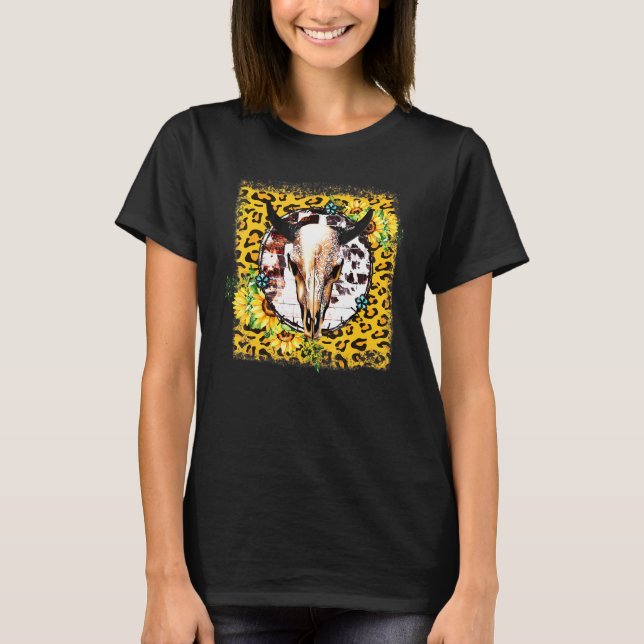 Sunflowers Western Turquoise Leopard Cow Bull Skul T-Shirt (Front)