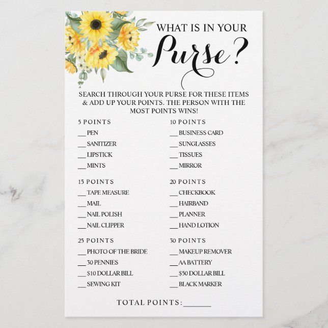 Sunflowers What is in your Purse Shower Game Card (Front)