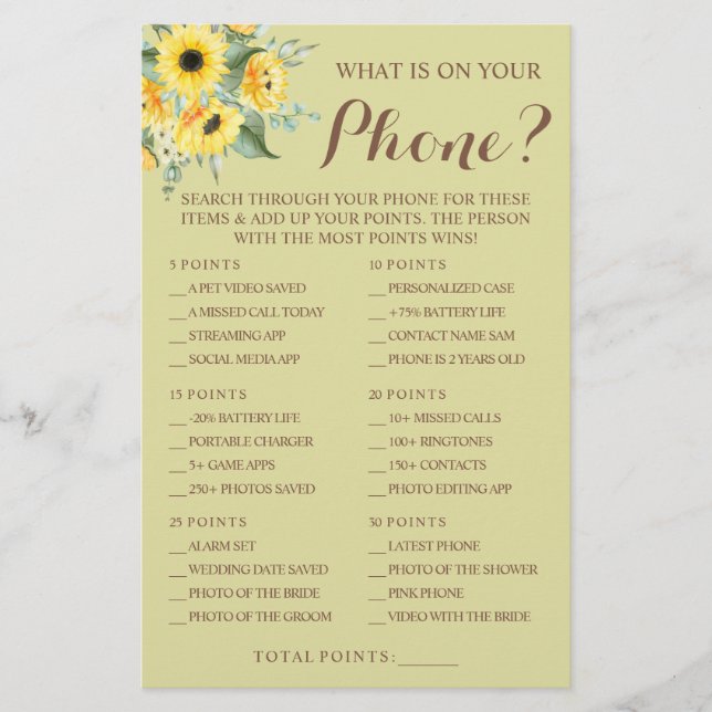 Sunflowers What is on your Phone Shower Game Card (Front)
