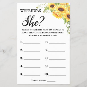 Sunflowers Where Was She Baby Shower Game Card