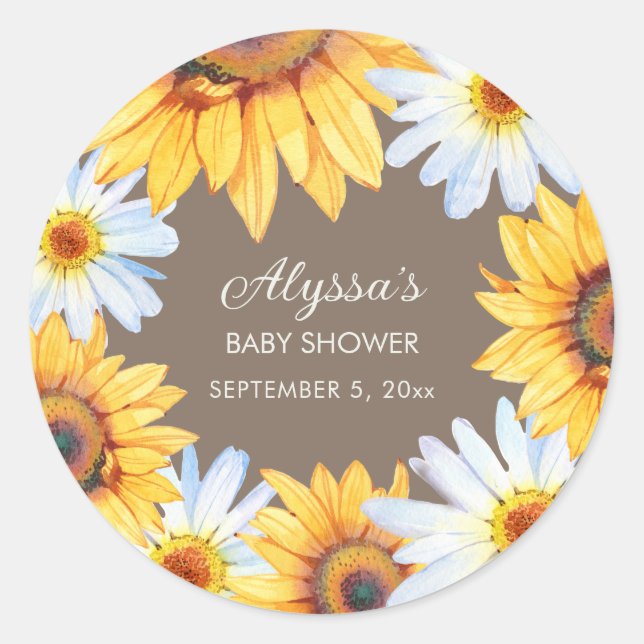 Sunflowers White Daisies Brown Baby Shower Classic Round Sticker (Front)