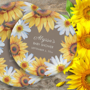 Sunflowers White Daisies Brown Baby Shower Paper Plate