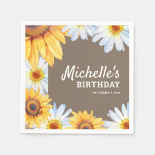 Sunflowers White Daisies Burlap Custom Birthday Napkin