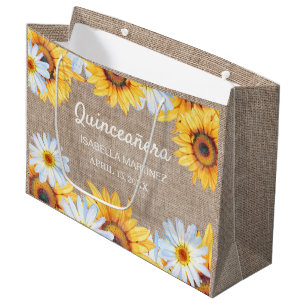 Sunflowers White Daisy Burlap Quinceañera Name  Large Gift Bag