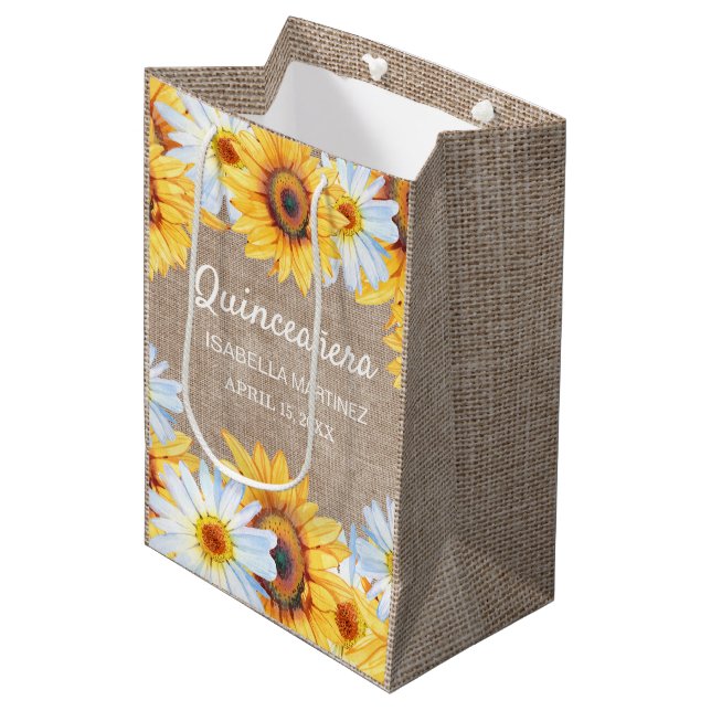 Sunflowers White Daisy Burlap Quinceañera Name  Medium Gift Bag (Front Angled)
