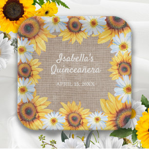 Sunflowers White Daisy Burlap Quinceañera Name Paper Plate