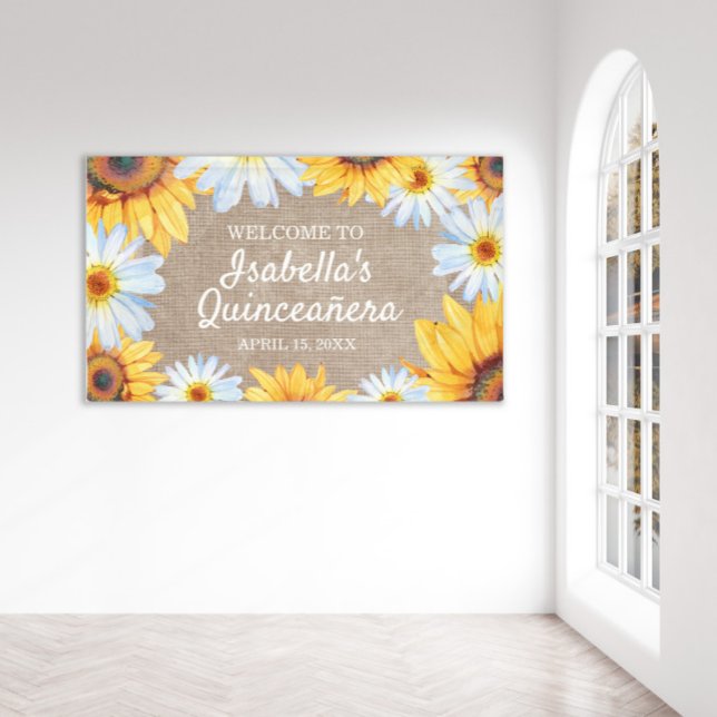 Sunflowers White Daisy Burlap Quinceañera Welcome  Banner (Creator Uploaded)