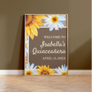 Sunflowers White Daisy Burlap Quinceañera Welcome Poster
